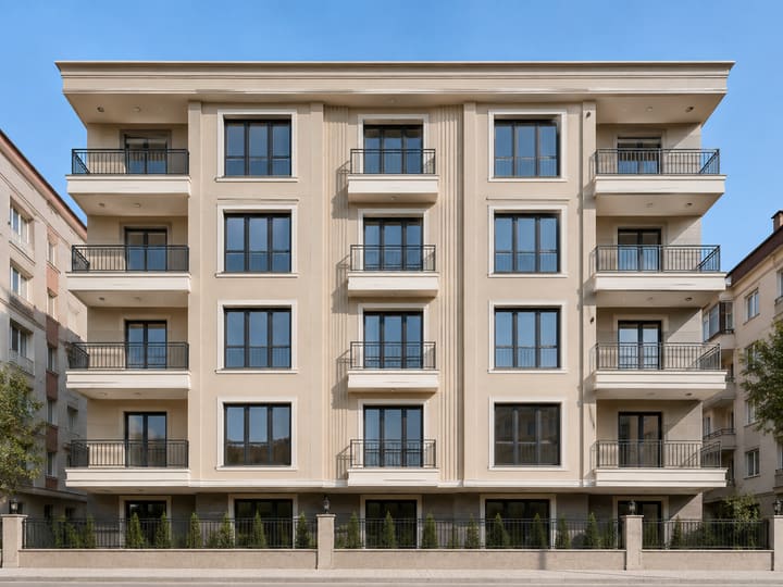 Mantolama ve dekoratif sıva yapılmış apartman dış cephesi